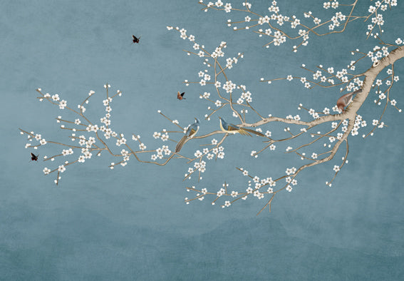 Papier peint branches fleuries sur bleu, aperçu du design