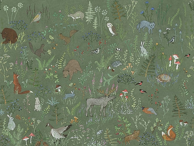 Papier peint animaux sur fond olive, aperçu du design