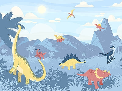 Papier peint volcans et dinosaures bleus, aperçu du design