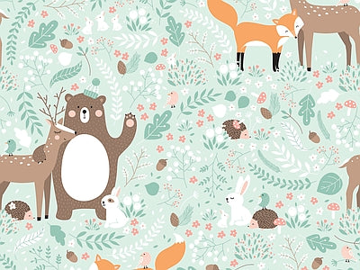 Papier peint renards et ours vert d'eau, aperçu du design