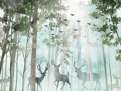 Papier peint cerfs en forêt claire, aperçu du design