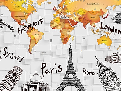Papier peint carte du monde des capitales, aperçu du design