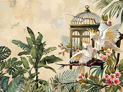 Papier peint volière au jardin, aperçu du design