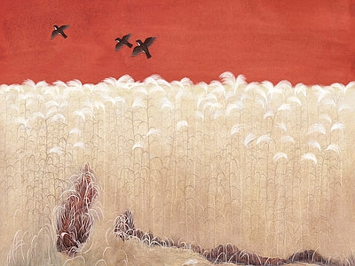 Papier peint roseaux sur fond corail, aperçu du design