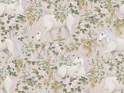 Aperçu de Papier peint licornes dans les fleurs – Chambre bébé sur votre mur