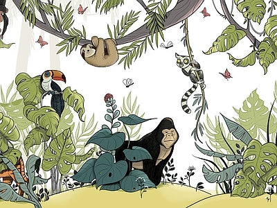Papier peint petit singe et toucan, aperçu du design