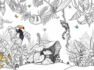 Papier peint jungle au trait, aperçu du design