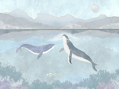 Papier peint baleines dans la brume, aperçu du design