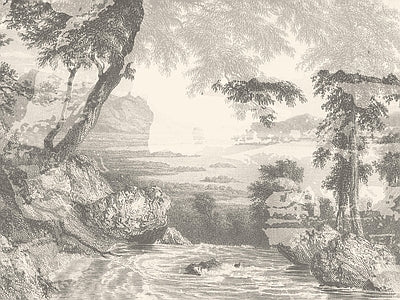 Papier peint paysage à la gravure, aperçu du design