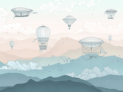 Papier peint montgolfières au-dessus des collines, aperçu du design
