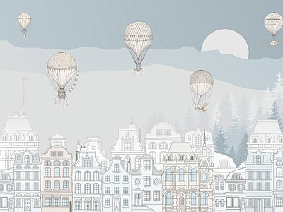 Papier peint montgolfières sur la ville, aperçu du design