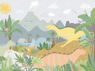 Papier peint dinosaures et volcans, aperçu du design