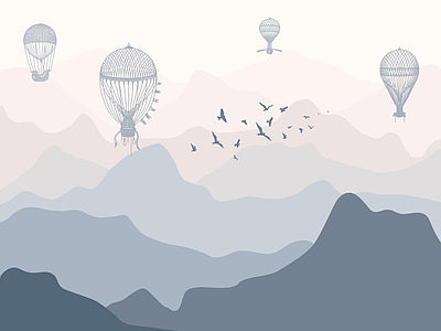 Papier peint montagnes bleues et oiseaux, aperçu du design