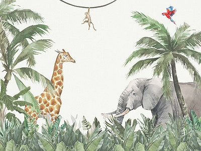 Papier peint girafe et singe dans la jungle, aperçu du design