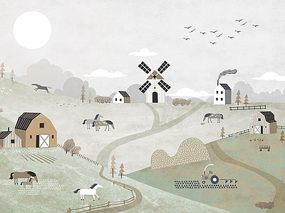 Papier peint moulin et ferme, aperçu du design