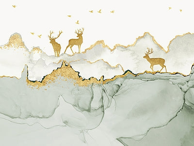 Aperçu de Papier peint cerfs aux montagnes dorées – Salon sur votre mur