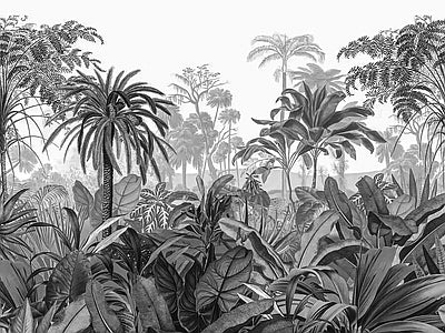 Papier peint jungle dense noir et blanc, aperçu du design
