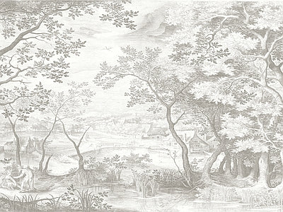 Aperçu de Papier peint forêt gravée pâle – Salon sur votre mur