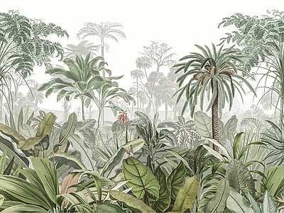 Aperçu de Papier peint panorama de jungle vert amande – Salon sur votre mur