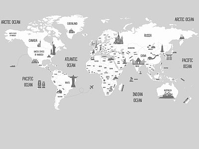 Papier peint carte du monde noir et blanc, aperçu du design