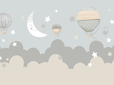 Papier peint lune et montgolfières, aperçu du design