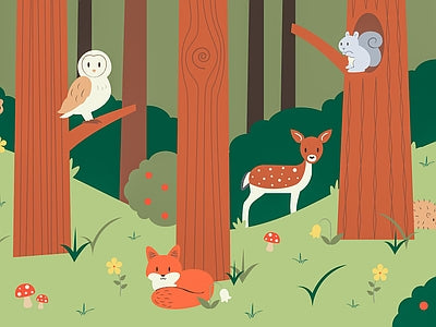 Papier peint renard et chouette, aperçu du design