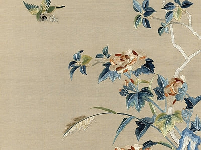 Papier peint oiseaux bleus sur lin, aperçu du design