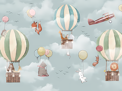 Papier peint montgolfières sauge, aperçu du design