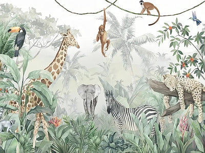 Aperçu de Papier peint girafes dans la brume tropicale – Chambre bébé sur votre mur