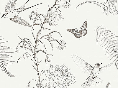 Papier peint fleurs et papillons au trait, aperçu du design