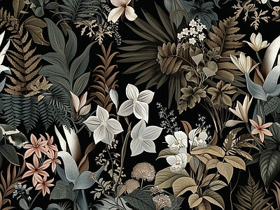 Papier peint nuit tropicale fleurie, aperçu du design