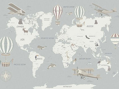 Papier peint carte du monde gris clair, aperçu du design