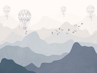 Papier peint montagnes et montgolfières grises, aperçu du design