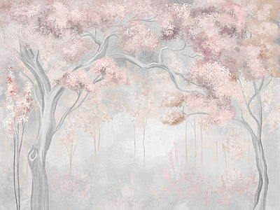 Papier peint arbres en fleurs rose, aperçu du design
