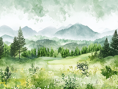 Aperçu de Papier peint alpage aquarelle – Salon sur votre mur
