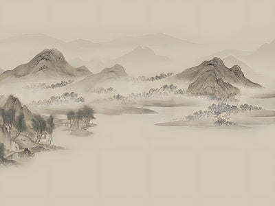 Papier peint montagnes à l'encre, aperçu du design