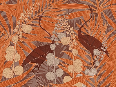Papier peint oiseaux sur fond terracotta, aperçu du design