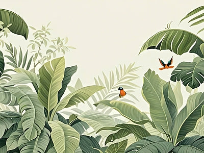 Papier peint feuillage tropical et colibris, aperçu du design