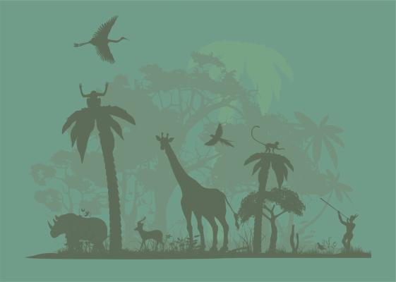 Papier peint silhouettes de la savane sauge, aperçu du design