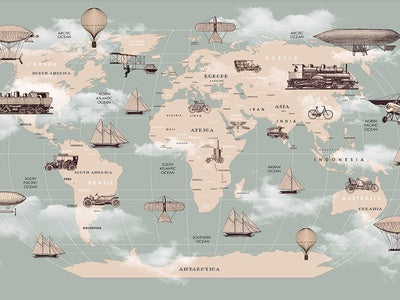 Papier peint carte du monde des montgolfières, aperçu du design