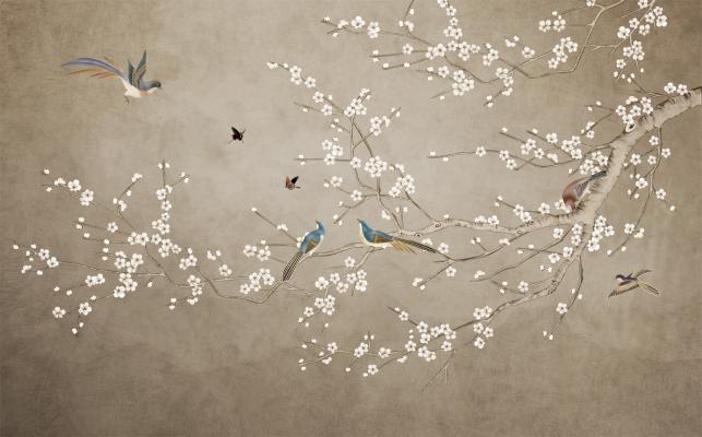 Papier peint branches et oiseaux taupe, aperçu du design