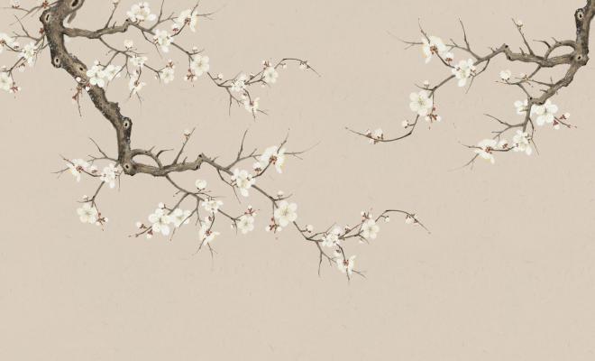 Papier peint branche fleurie sable, aperçu du design