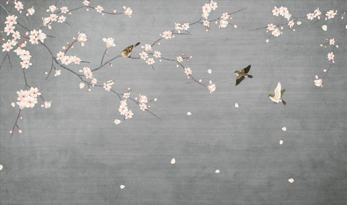 Aperçu de Papier peint fleurs sur fond gris – Chambre adulte sur votre mur