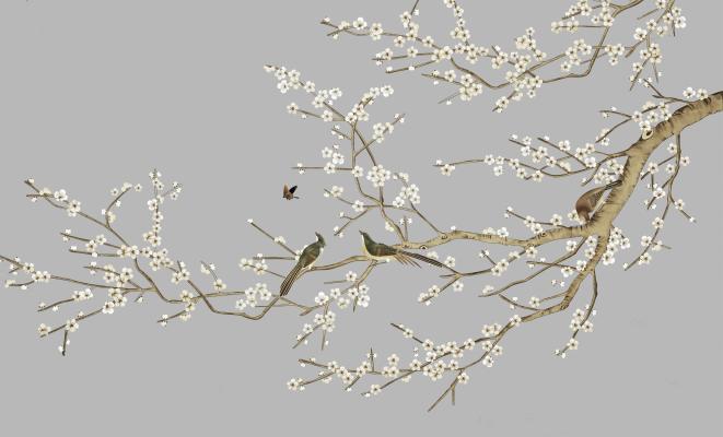 Papier peint branches fleuries gris perle, aperçu du design