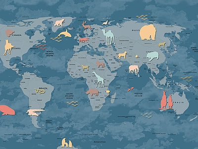 Papier peint carte du monde bleu jean, aperçu du design