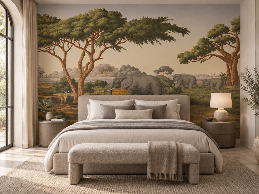 Papier peint acacias de la savane posé dans une chambre