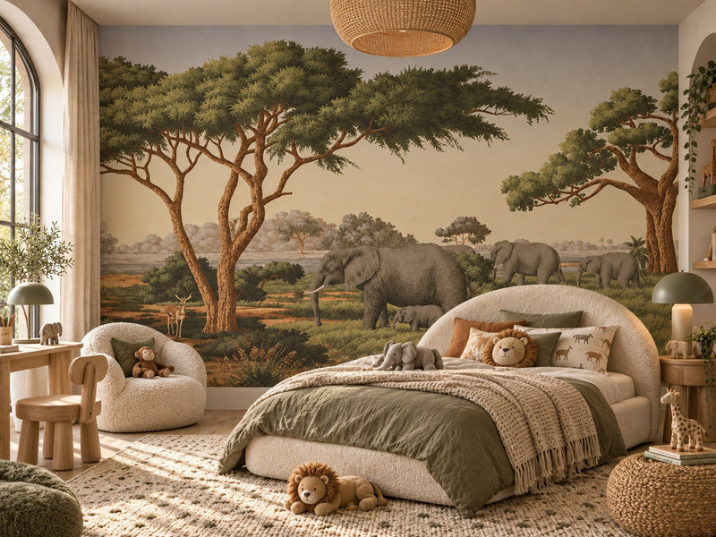 Papier peint acacias de la savane posé dans une chambre d'enfant