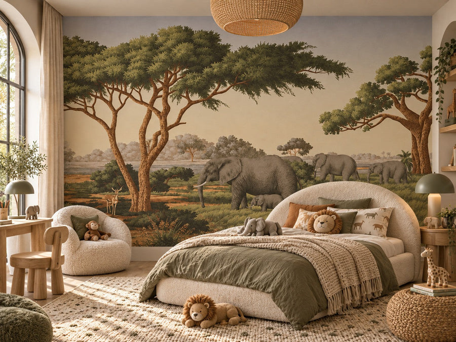 Papier peint acacias de la savane posé dans une chambre d'enfant
