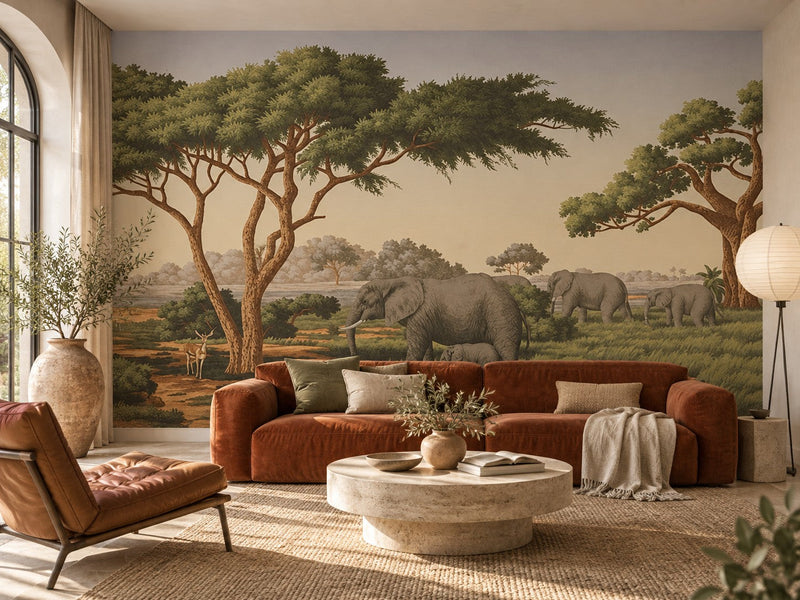 Papier peint acacias de la savane posé dans un salon