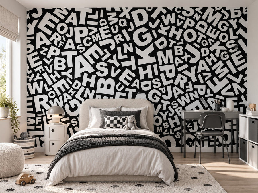 Papier peint alphabet noir et blanc posé dans une chambre d'enfant